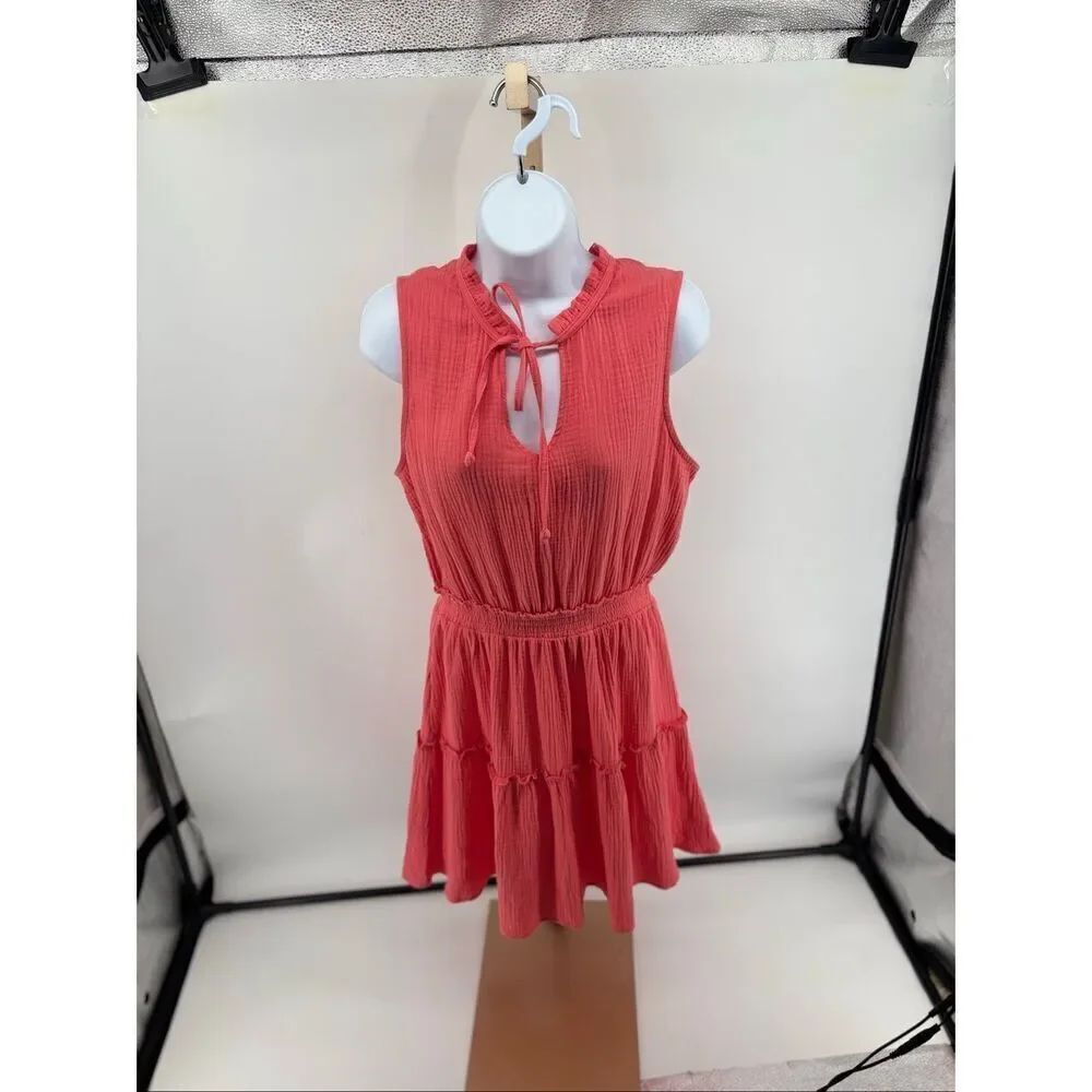 DREW Anthropologie Tiered Mini Dress TJ0425 Coral Size Small 100% Cotton